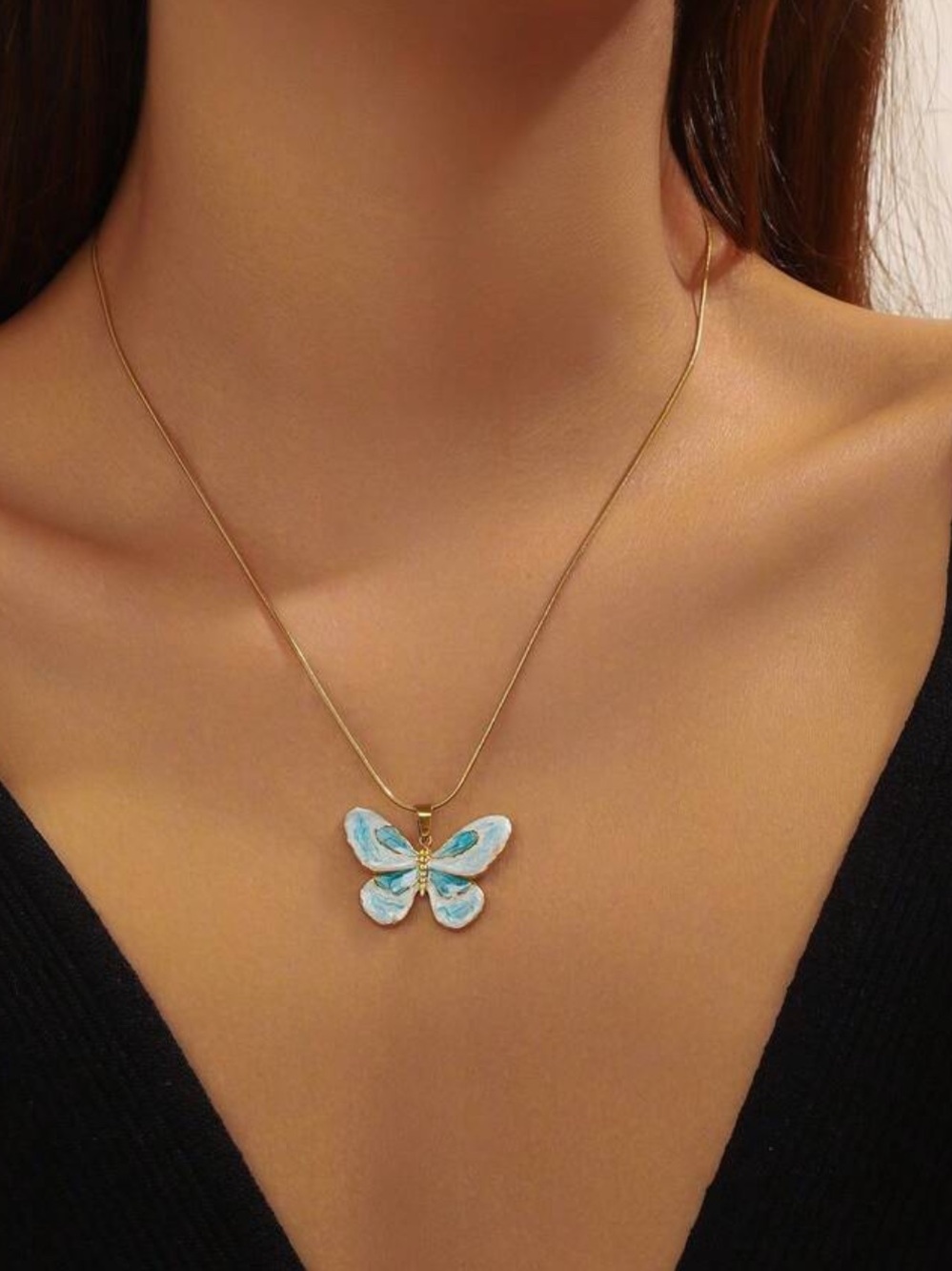Gold-Plated Blue Butterfly Pendant Necklace